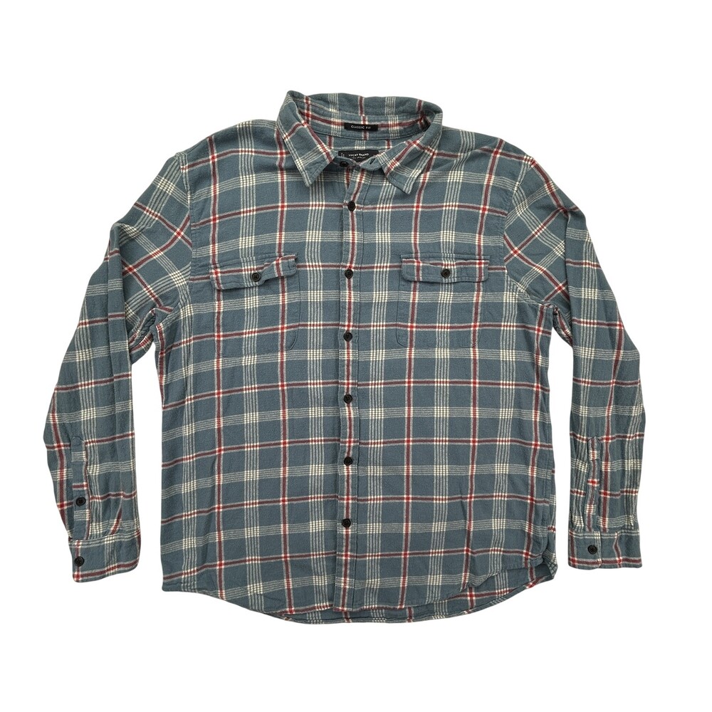 Lucky Brand Shirt Mens XL Classic Fit Plaid Flannel Blue Red Long Sleeve Pockets
